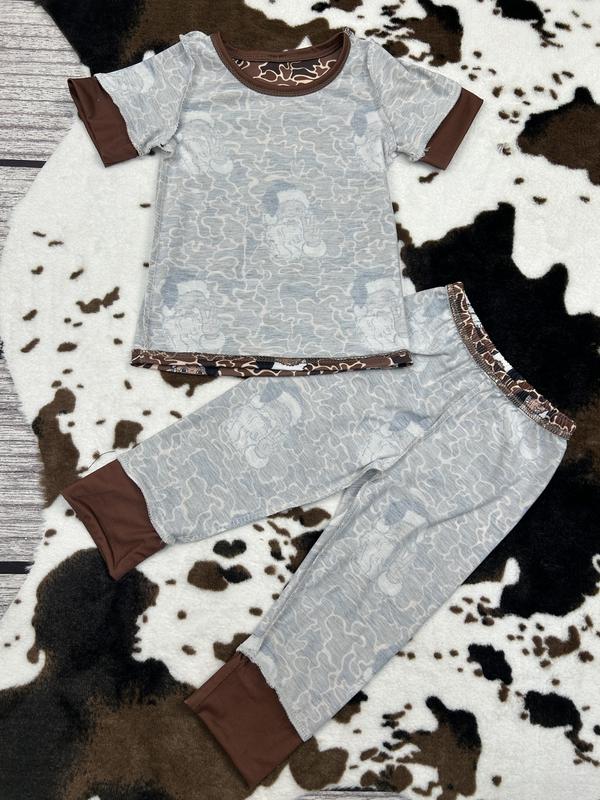 BSPO0480--Santa brown camo Christmas short sleeved pant pajama set