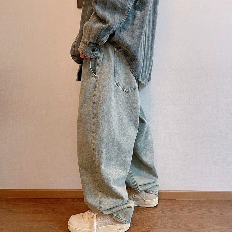 Men's Four Seasons Retro Washed All-Match Distressed Light Color Loose Profile Machete Jeans Men's Baggy Pants