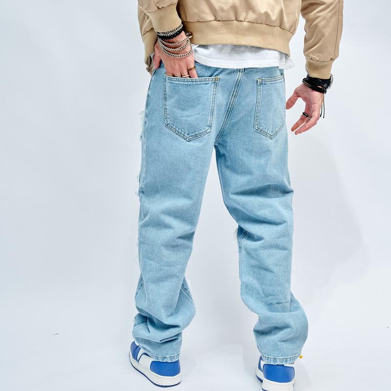 Men's Loose Fit jeans Men Carpenter Denim Pants Stylish Hip Hop Ripped Patch Wide-Leg Casual Pants Streetwear Male Casual Straight Denim Trousers Menswear Underwear Human Pocket Beige Plain solid