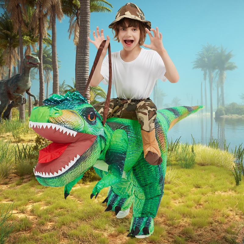 Inflatable Green Dinosaur Costume for Men - Halloween Party Fun T-Rex Dinosaur Blow Up Ride On Costume - Orange - Menswear, Clothing Dress Polyester