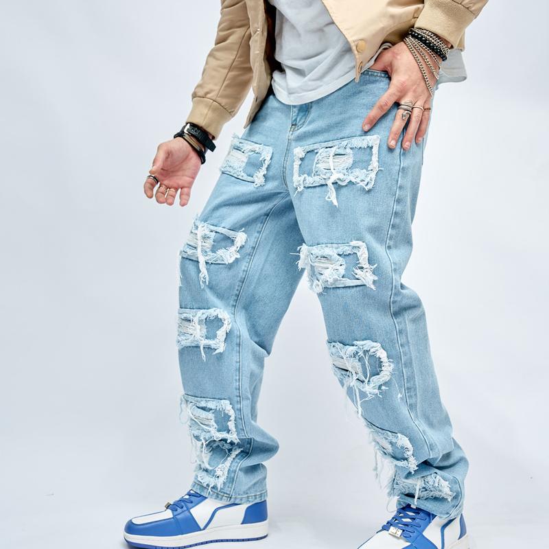 Men's Loose Fit jeans Men Carpenter Denim Pants Stylish Hip Hop Ripped Patch Wide-Leg Casual Pants Streetwear Male Casual Straight Denim Trousers Menswear Underwear Human Pocket Beige Plain solid