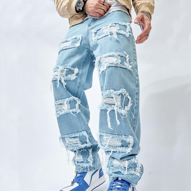 Men's Loose Fit jeans Men Carpenter Denim Pants Stylish Hip Hop Ripped Patch Wide-Leg Casual Pants Streetwear Male Casual Straight Denim Trousers Menswear Underwear Human Pocket Beige Plain solid