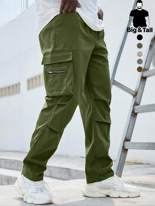 Men's Plus Size Plain Drawstring Waist Cargo Pants, Casual Pocket Design Trousers for Daily Wear, Pants for Men, Streetwear Men's Bottoms for Back To School