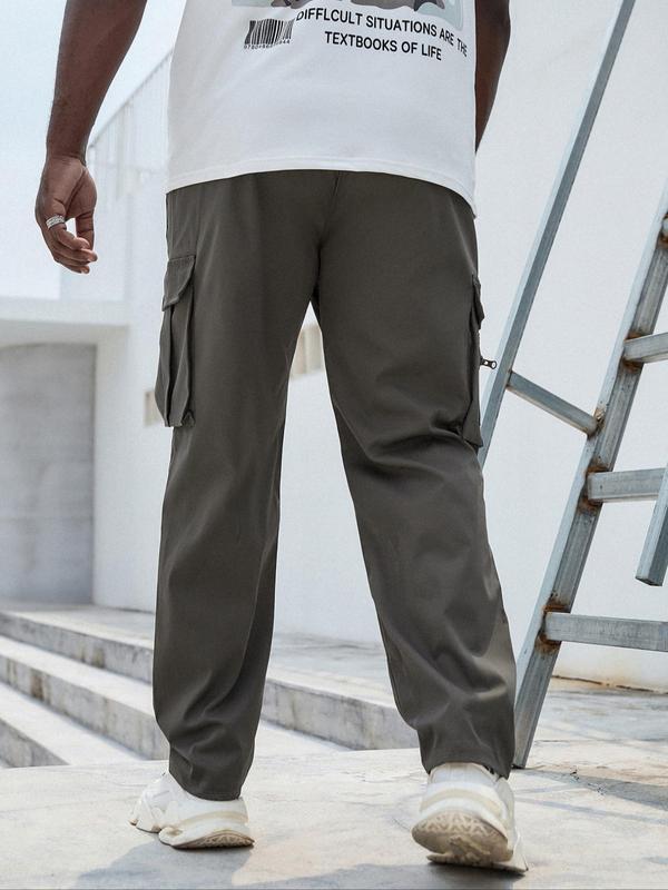 Men's Plus Size Plain Drawstring Waist Cargo Pants, Casual Pocket Design Trousers for Daily Wear, Pants for Men, Streetwear Men's Bottoms for Back To School