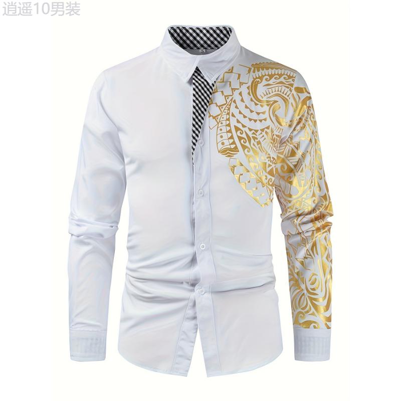 Men's Golden Tribal Print Long Sleeve Slim Fit Dress Shirt for Party Collar Cotton