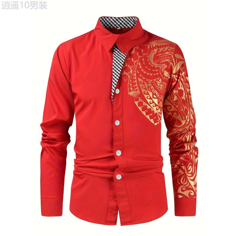 Men's Golden Tribal Print Long Sleeve Slim Fit Dress Shirt for Party Collar Cotton