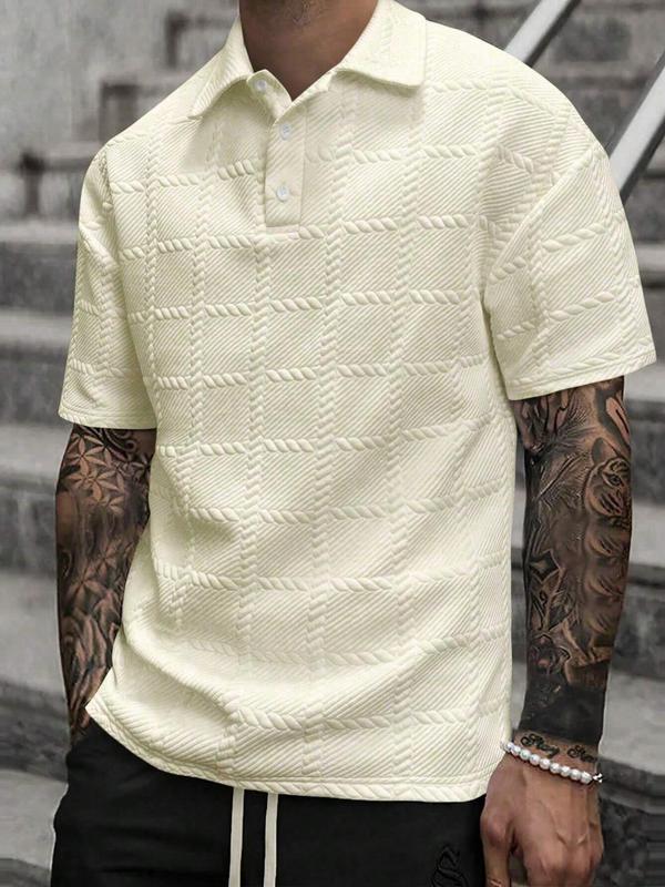 Men's Plaid Textured Polo Shirt, Regular Fit Casual Short Sleeve Collared Top, Polo Shirts Men, Men's Summer Clothes for Daily Wear