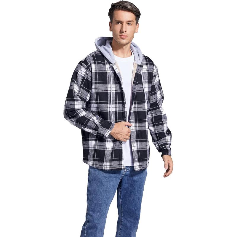 Men's Cotton Plaid Shirts Jacket Fleece Lined Flannel Shirts Sherpa Button Down Jackets with Hood for Men