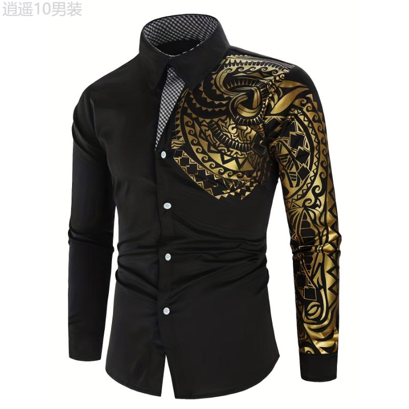 Men's Golden Tribal Print Long Sleeve Slim Fit Dress Shirt for Party Collar Cotton