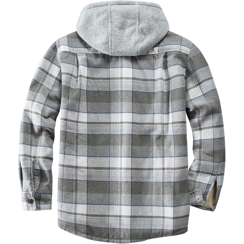 Men's Cotton Plaid Shirts Jacket Fleece Lined Flannel Shirts Sherpa Button Down Jackets with Hood for Men