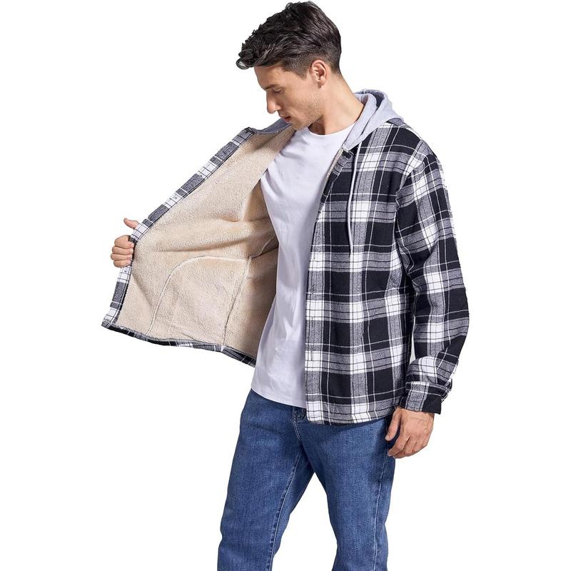 Men's Cotton Plaid Shirts Jacket Fleece Lined Flannel Shirts Sherpa Button Down Jackets with Hood for Men