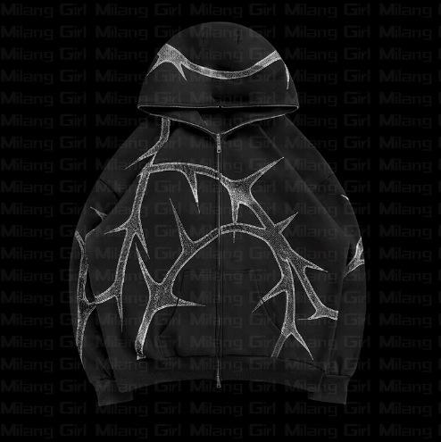 Hip Hop Rhinestone Print Hoodies Pants Suit Men Women Streetwear Fashion Y2k Zipper Hoodie Jacket Gothic Autumn Loose Sweatshirt zip  up