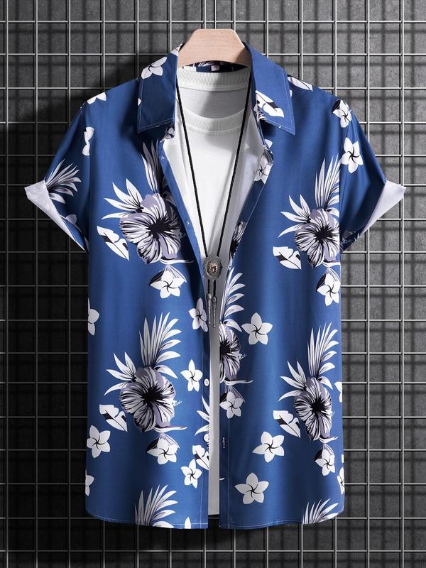 Men's Tropical Print Collared Shirt, Loose Boho Button Short Sleeve Hawaiian Shirt, Shirt for Men, Summer Clothes Top for Beach Vacation , Plz Order One Size Smaller