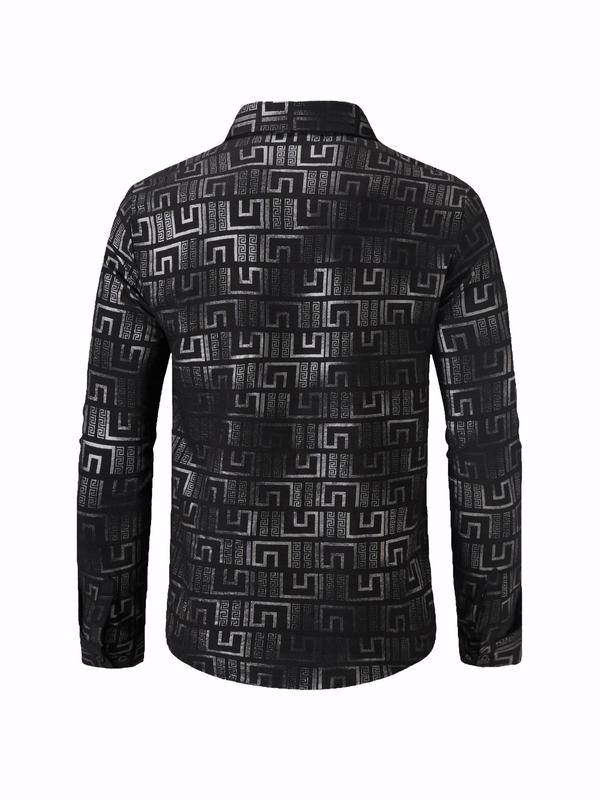 Men's Geometric Print Button Front Shirt, Regular Fit Casual Long Sleeve Collared Top for Spring & Fall, Fashion Men's Clothes for Daily Wear