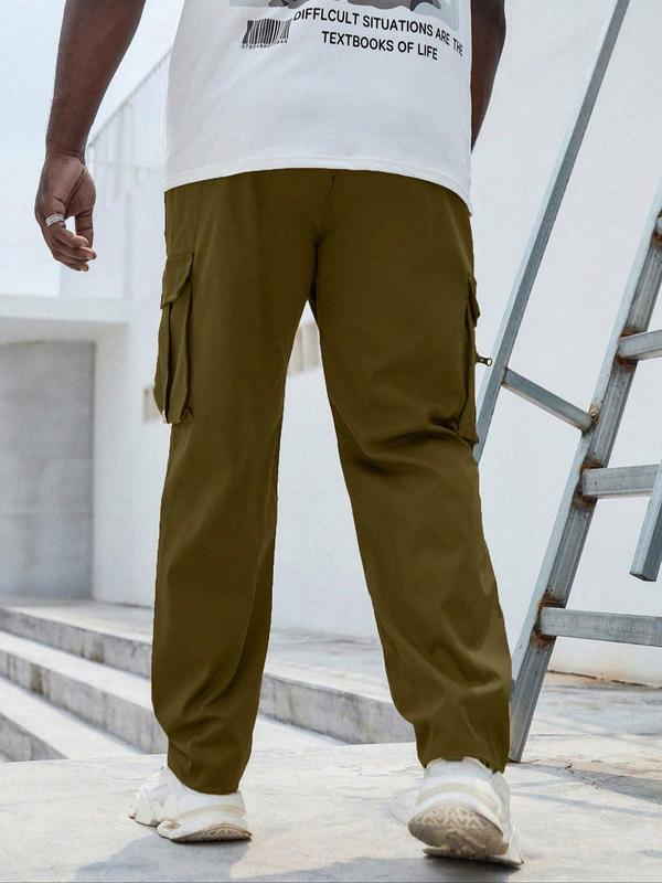 Men's Plus Size Plain Drawstring Waist Cargo Pants, Casual Pocket Design Trousers for Daily Wear, Pants for Men, Streetwear Men's Bottoms for Back To School