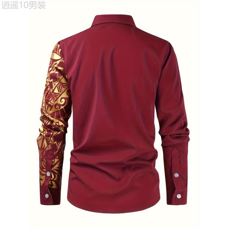 Men's Golden Tribal Print Long Sleeve Slim Fit Dress Shirt for Party Collar Cotton