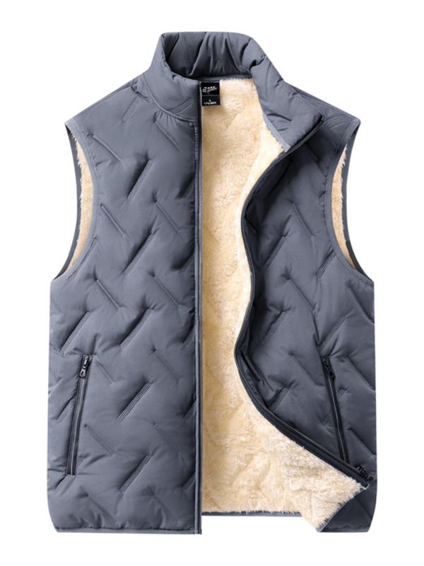 Men's Solid Pocket Zipper Vest Jacket, Regular Fit Casual Stand Collar Thermal Lined Sleeveless Outerwear for Fall & Winter, Men's Clothes for Daily Wear