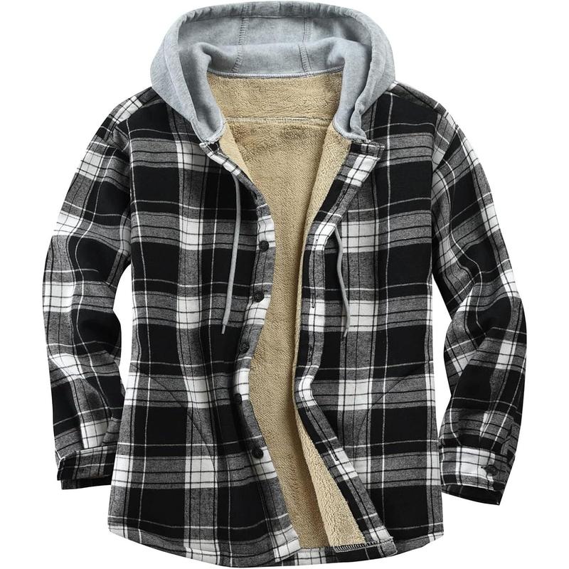 Men's Cotton Plaid Shirts Jacket Fleece Lined Flannel Shirts Sherpa Button Down Jackets with Hood for Men