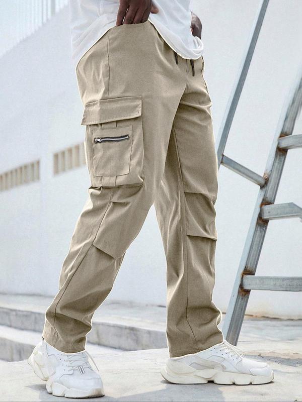 Men's Plus Size Plain Drawstring Waist Cargo Pants, Casual Pocket Design Trousers for Daily Wear, Pants for Men, Streetwear Men's Bottoms for Back To School