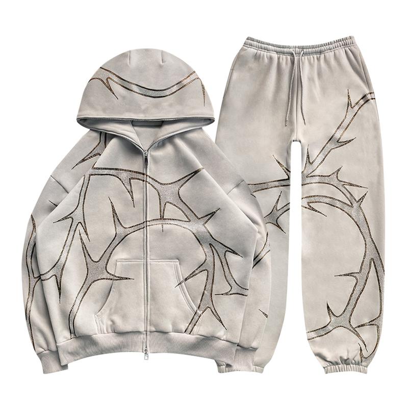 Hip Hop Rhinestone Print Hoodies Pants Suit Men Women Streetwear Fashion Y2k Zipper Hoodie Jacket Gothic Autumn Loose Sweatshirt zip  up