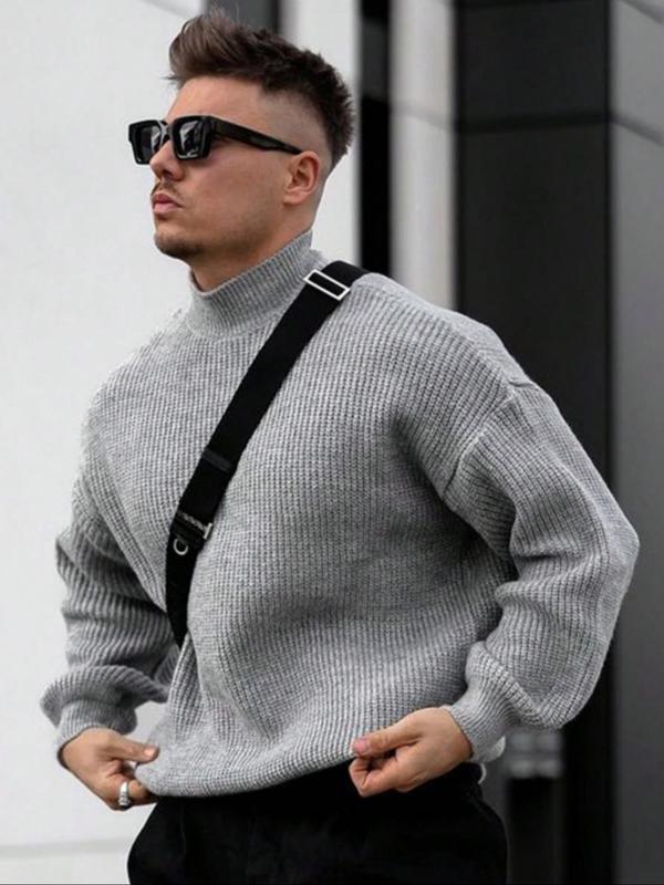 Men's Solid Drop Shoulder High  Neck Sweater, Regular Fit Casual Long Sleeve Jumper for Fall & Winter, Fashion Men's Knitwear for Daily Wear