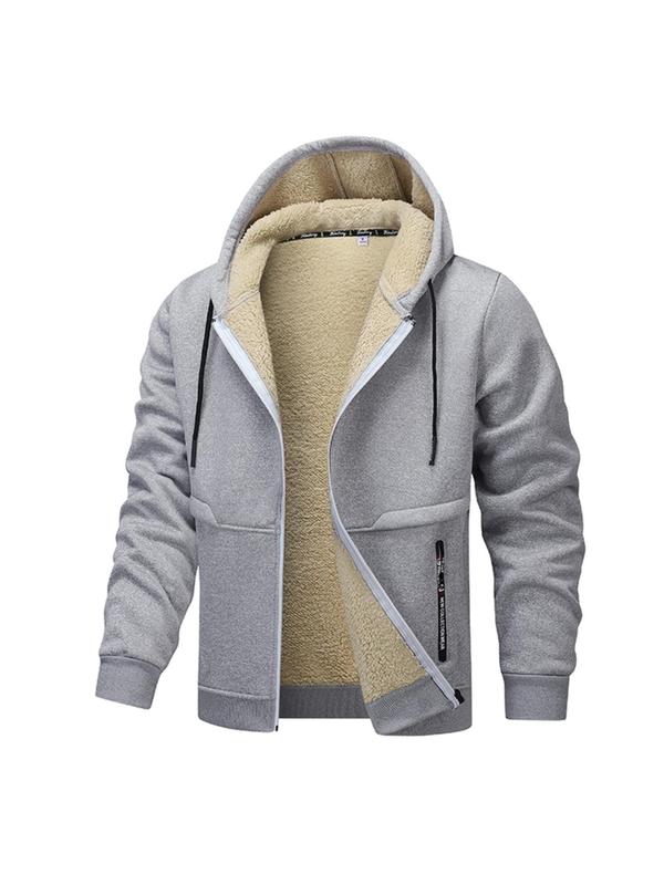 Men's Regular Fit Solid Pocket Drawstring Zip Up Fleece Hooded Jacket, Fleece Windbreaker, Casual Long Sleeve Zip Front Outerwear for Fall & Winter, Men's Clothes for Daily Wear