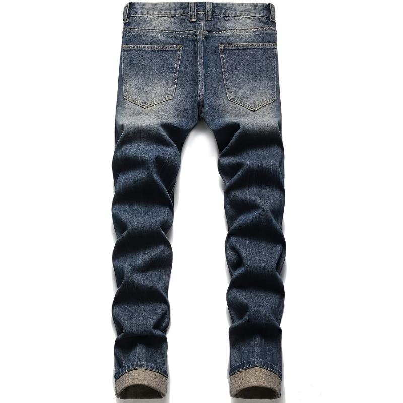 Regular Fit Ripped Jeans, Men's Casual Street Style Distressed Denim Pants For All Seasons