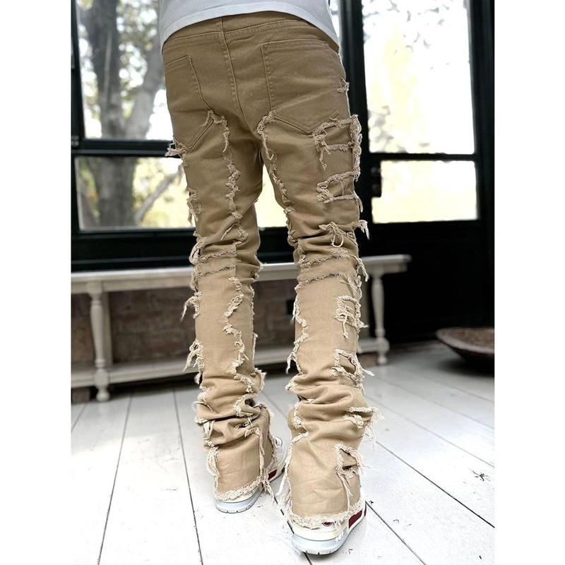 Men Trousers Individual Patched Pants Long Tight Fit Stacked Jeans For Mens Clothing