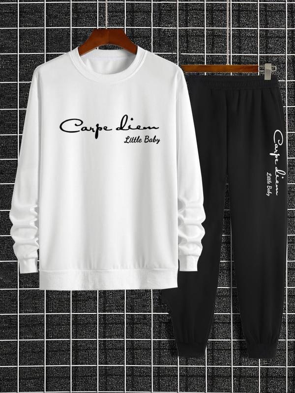 Men's Letter Print Sweatshirt & Pocket Sweatpants Set, Regular Fit Casual Long Sleeve Round Neck Pullover & Elastic Waist Trousers, Men's Fall & Winter Clothes