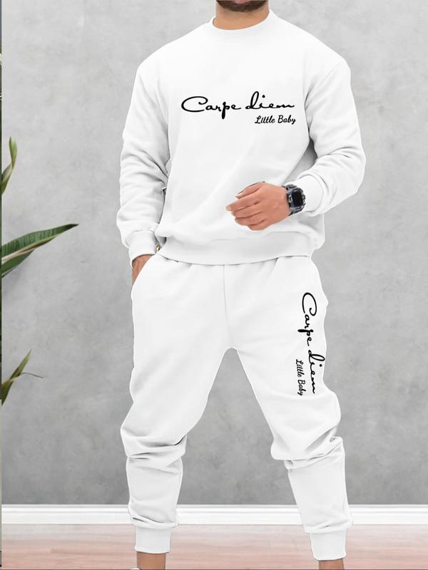 Men's Letter Print Sweatshirt & Pocket Sweatpants Set, Regular Fit Casual Long Sleeve Round Neck Pullover & Elastic Waist Trousers, Men's Fall & Winter Clothes