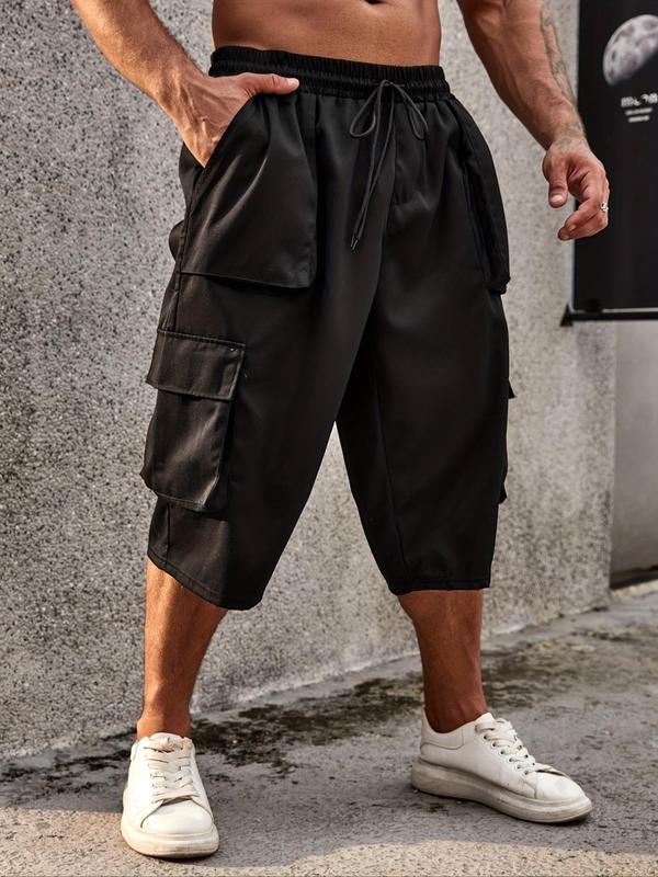 Men's Plus Size Solid Drawstring Waist Cargo Pants, Casual Streetwear Pocket Shorts, Summer Shorts for Daily Wear, Fashion Men's Bottoms for All Seasons