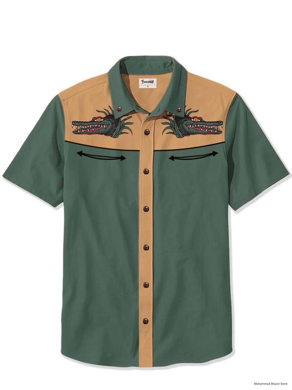 Crocodile at the water's edge Casual Button Shirt All Over Printed Retro Western Style Gift Ideas Many Color Options