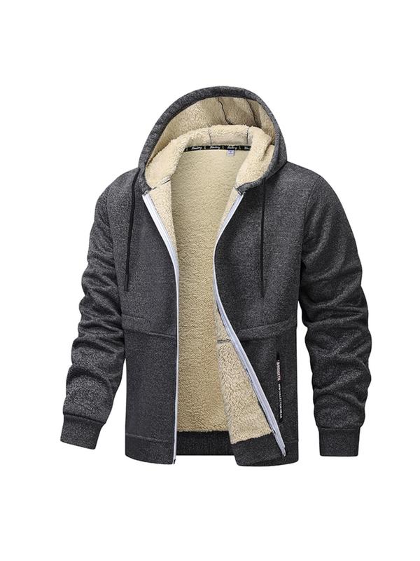 Men's Regular Fit Solid Pocket Drawstring Zip Up Fleece Hooded Jacket, Fleece Windbreaker, Casual Long Sleeve Zip Front Outerwear for Fall & Winter, Men's Clothes for Daily Wear