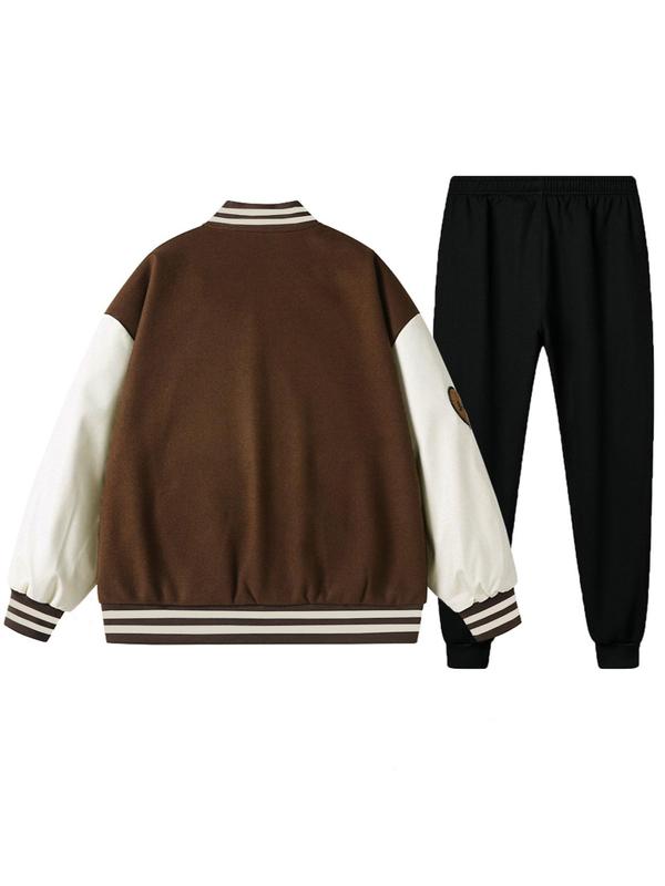 Two-Piece Set Men's Colorblock Graphic Drop Shoulder Button Front Baseball Jacket & Pocket Sweatpants, Preppy Style Mock Neck Long Sleeve Outerwear & Jogger Pants for Daily Wear, Men's Two-piece Outfits for Fall & Winter