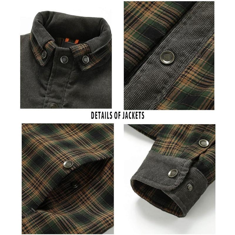 Men's Corduroy Plaid Sherpa Lined Flannel Shirt Jacket Fleece Coat Menswear Tops