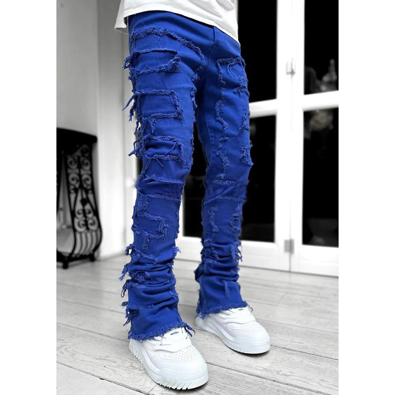 Men Trousers Individual Patched Pants Long Tight Fit Stacked Jeans For Mens Clothing