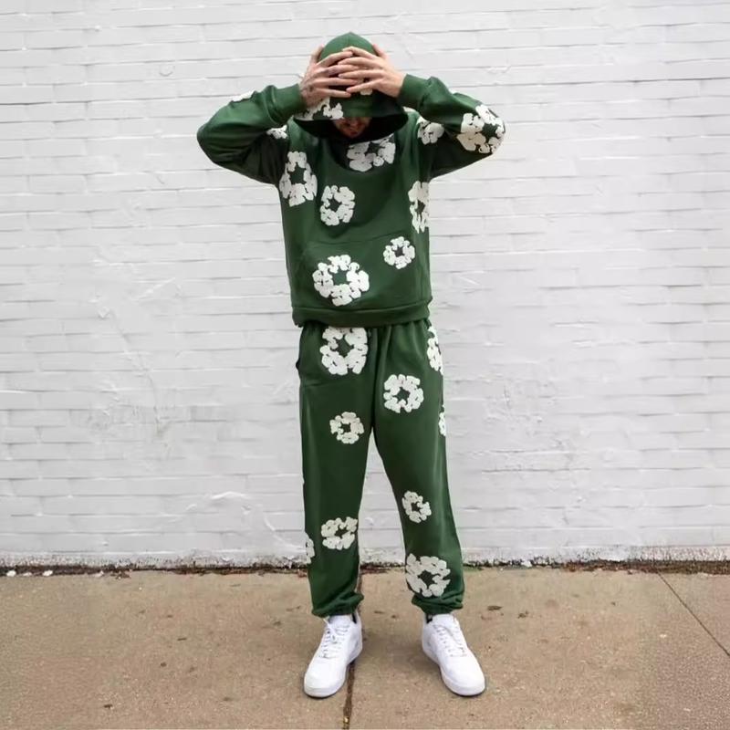 American Fashion Brand High Street Puff Print Hooded Sweater Set Men's Fashion All-Matching Sweatshirt and Sweatpants Suit denim tears  jeans hip hop vintage print