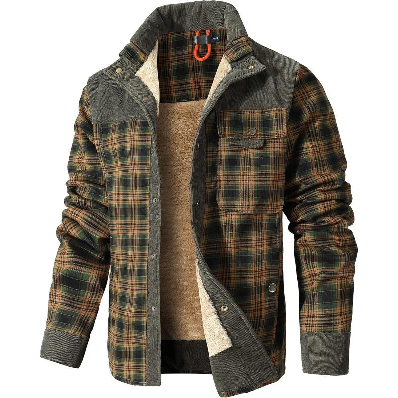 Men's Corduroy Plaid Sherpa Lined Flannel Shirt Jacket Fleece Coat Menswear Tops