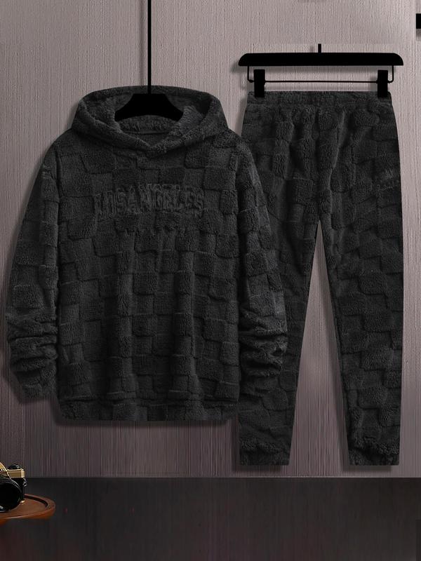 Two-Piece Set Men's Thermal Lined Letter Embroidery Hoodie & Pocket Sweatpants Set, Loose Casual Long Sleeve Hooded Pullover & Jogger Pants, Men's Fall & Winter Clothes