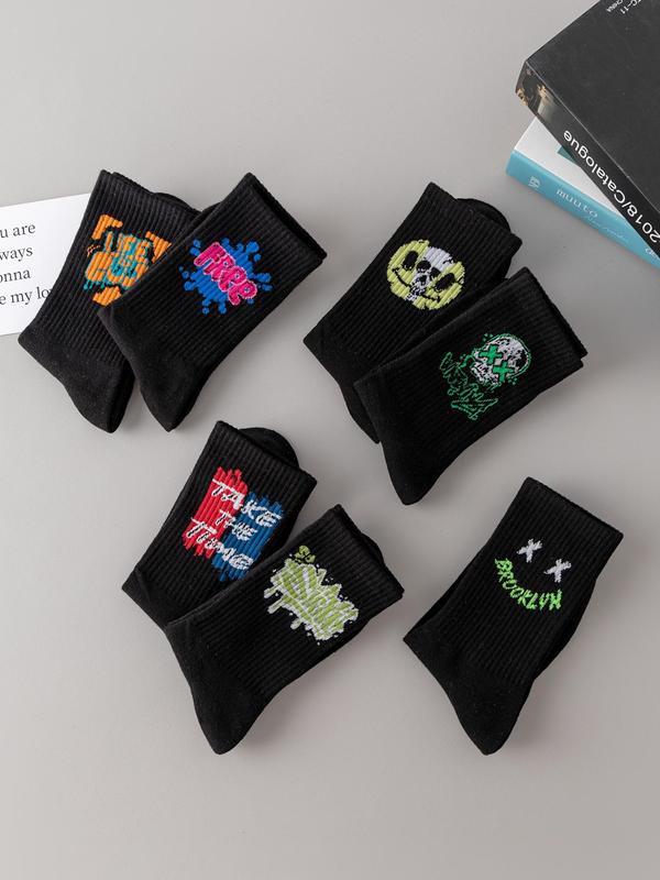 Random 10 Pairs  Men's Cartoon Print Crew Socks, Casual Moisture Wicking Socks, Soft Comfy Breathable Socks for All Seasons Daily Wear