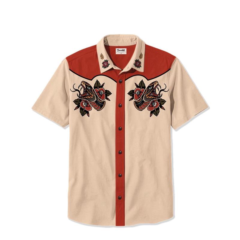 Retro Tattoo Flower Snake  Casual Short Sleeve Hawaiian Shirt, Vintage Western Cowboy Button Down Shirt, Snake Lover Gift