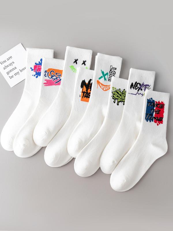 Random 10 Pairs  Men's Cartoon Print Crew Socks, Casual Moisture Wicking Socks, Soft Comfy Breathable Socks for All Seasons Daily Wear