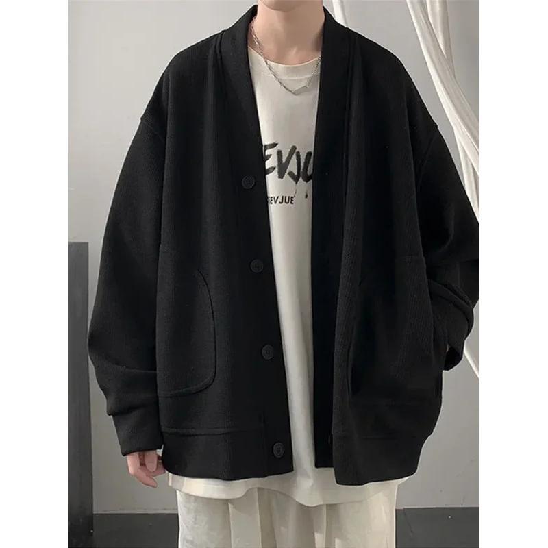 2024 New Korean Fashion Cardigan For Men Autumn Solid Color Y2K Streetwear Sweatshirts Man Casual Vintage Loose Jackets Sweaters