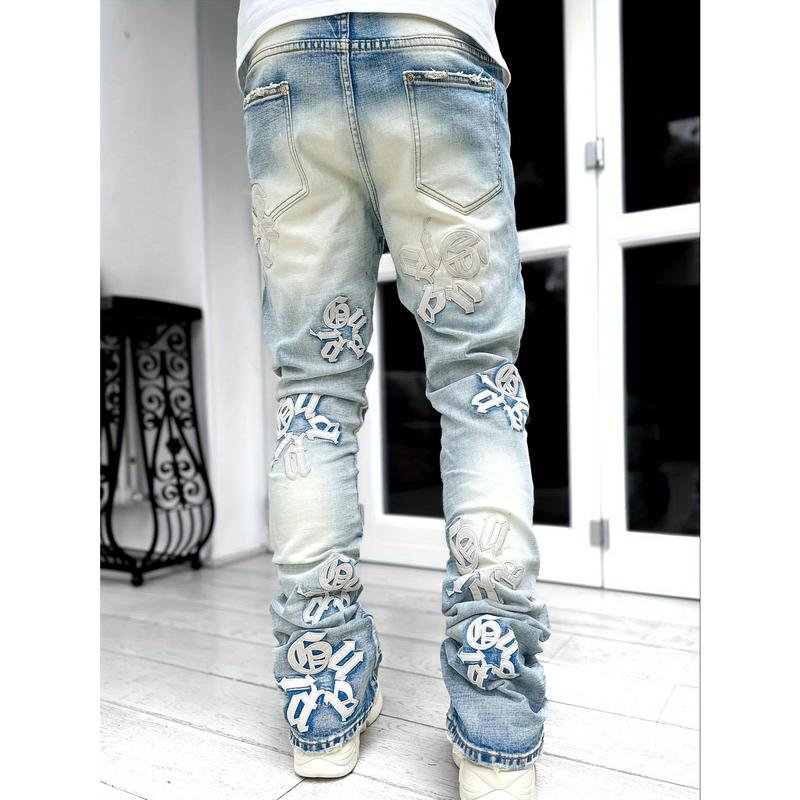 Men's Casual Letter Splicing Skinny Jeans, Vintage Style Ripped Jeans