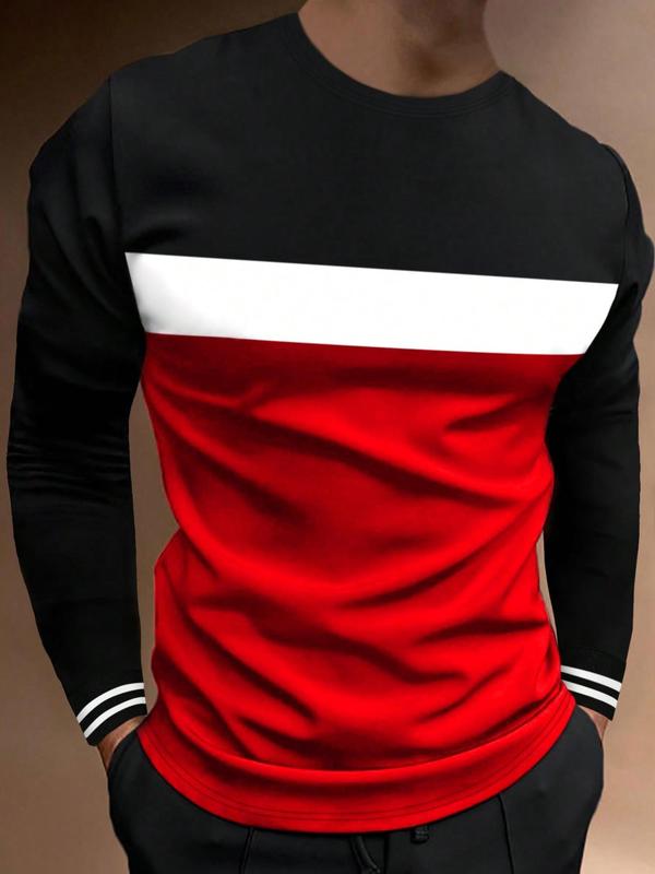 Men's Colorblock Striped Print Round Neck Tee, Casual Long Sleeve Crew Neck T-Shirt for Spring & Fall, Fashion Men's Regular Fit Streetwear Top for Daily Wear