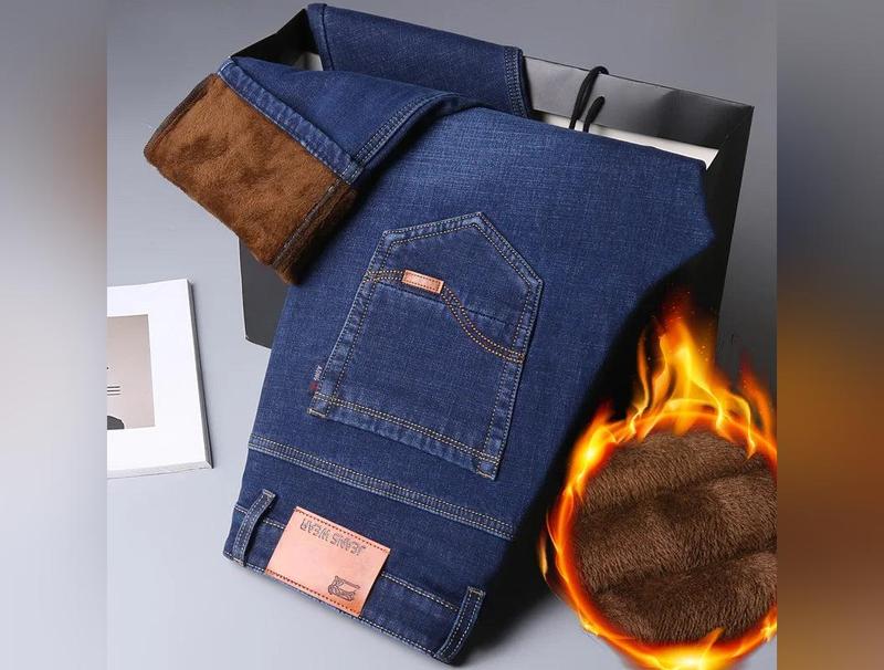 Classic Style Winter Men's Warm Thermal Business Jeans Casual Stretch Cotton Thick Fleece Blue Denim Pants Male Brand Trousers