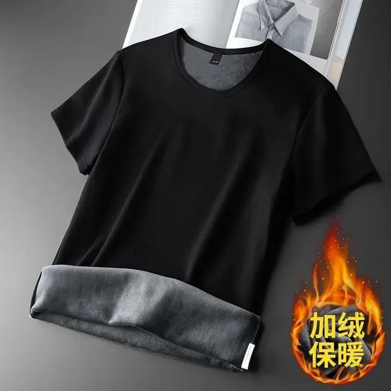 Men thermal underwear tops fleece thicken short sleeve T-shirt keep warm tees O-neck solid bottoms thermal pullovers