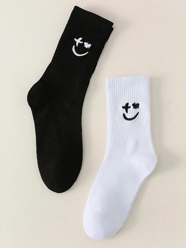 Men's Cartoon Pattern Crew Socks, Comfy Mid Calf Socks for Men, Smile Face Embroidery Ribbed Knit Socks, Multi-pack Socks