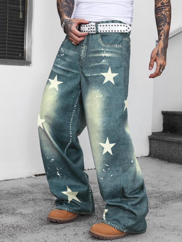 Men's Star & Denim-effect Print Pocket Elastic Waist  Pants, Loose Street Fashion Wide Leg Trousers for Daily Wear, Menswear, Men's Bottoms for All Seasons