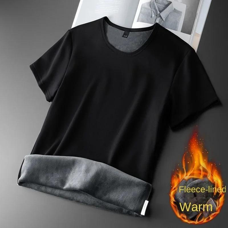 Men thermal underwear tops fleece thicken short sleeve T-shirt keep warm tees O-neck solid bottoms thermal pullovers